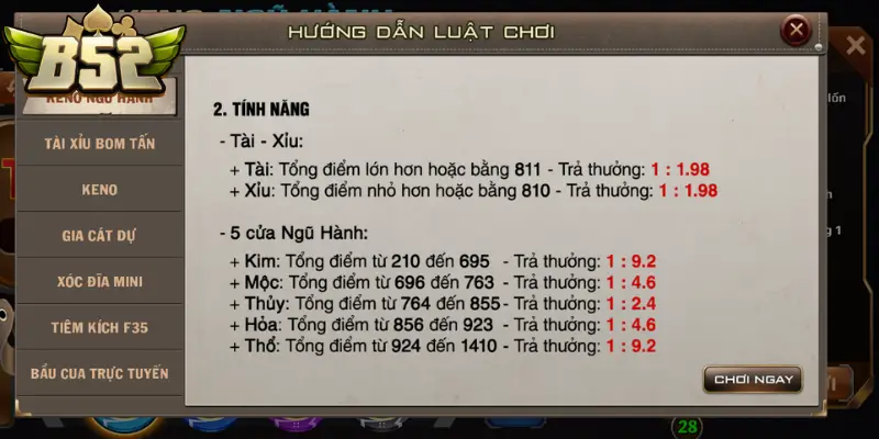 Có nhiều cách cược trong Keno Ngũ hành